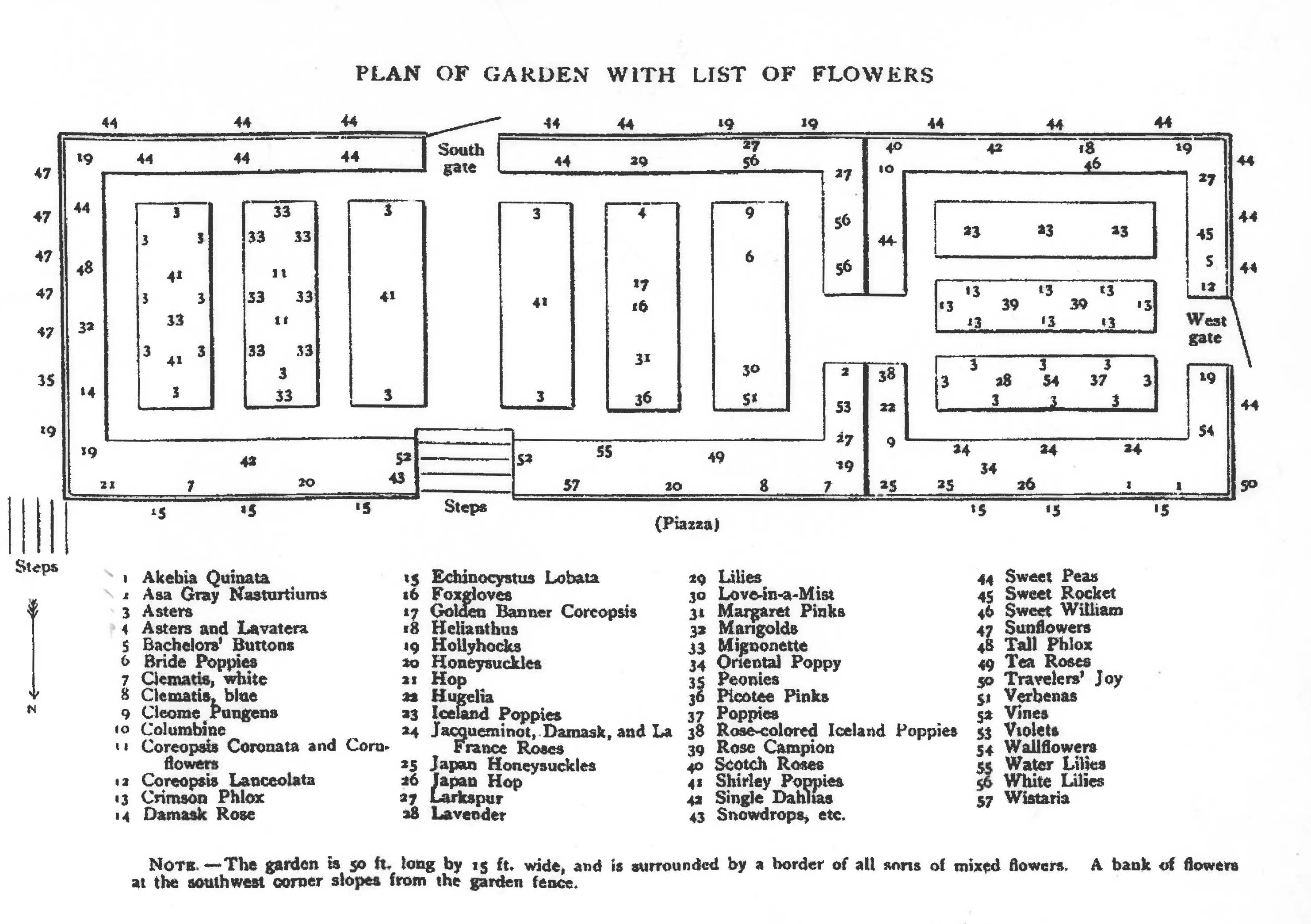 a detailed map of where flowers were planted in Celia Thaxter's garden